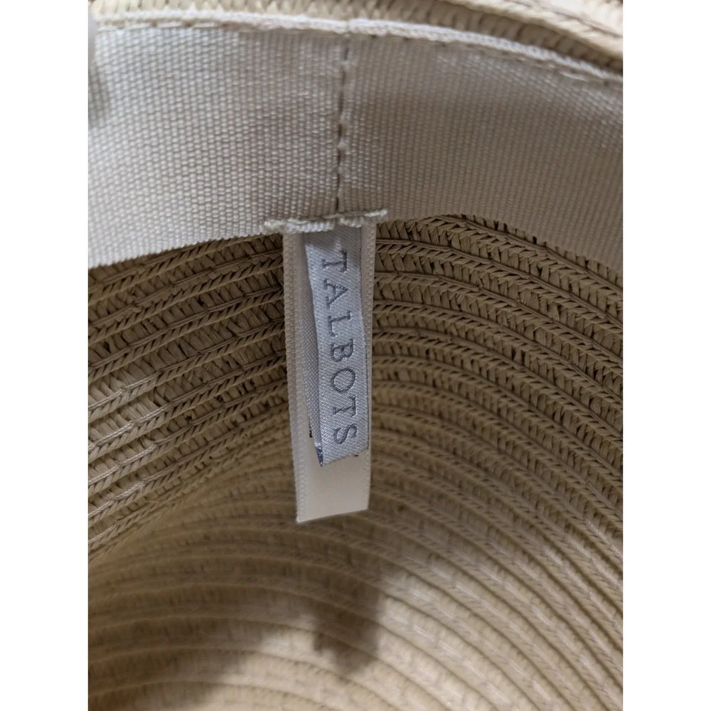 Talbots Women's Wide Brim Sun Hat Black White Pink Pom Pom Beach Summer Vacation